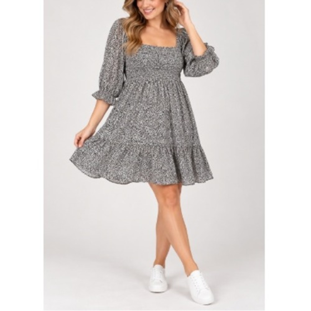 Sienna Sky Women's Black Animal Print Smocked Puff Sleeve Mini Dress Size M